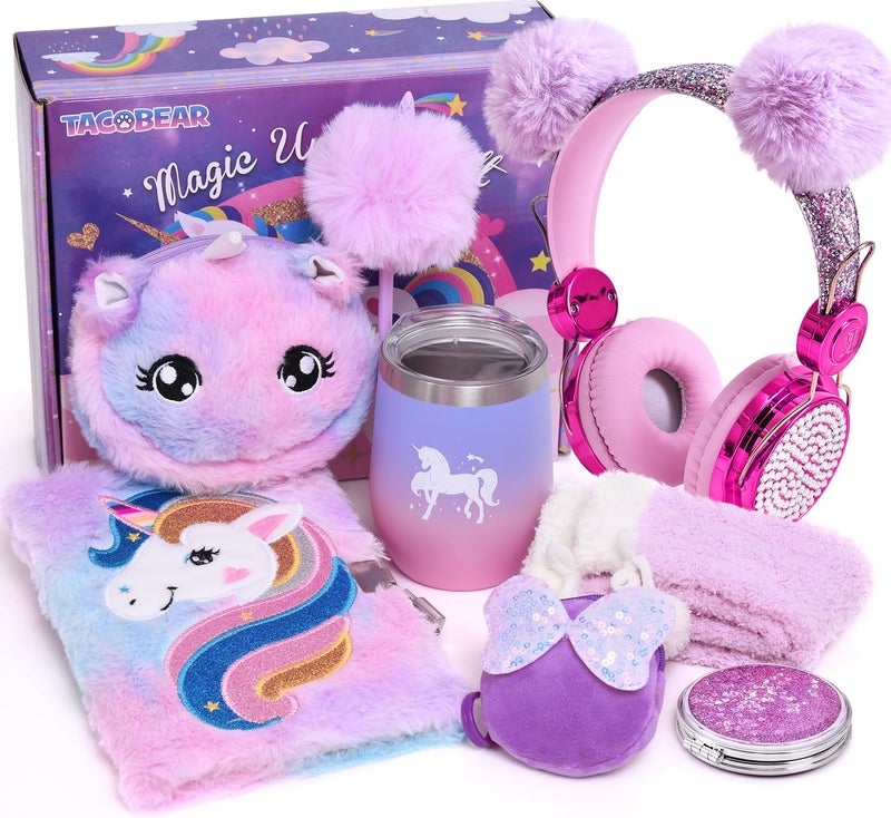 Tacobear Unicorn Gifts Girls Toy Age 5 6 7 8-12 with 3.5mm Wired Headphones Locked Diary Water Bottle Plush Bag Purse Socks Mirror  Christmas Birthday Gift Idea Toys for Teen Girl 6-10+ Years Old - Image 1